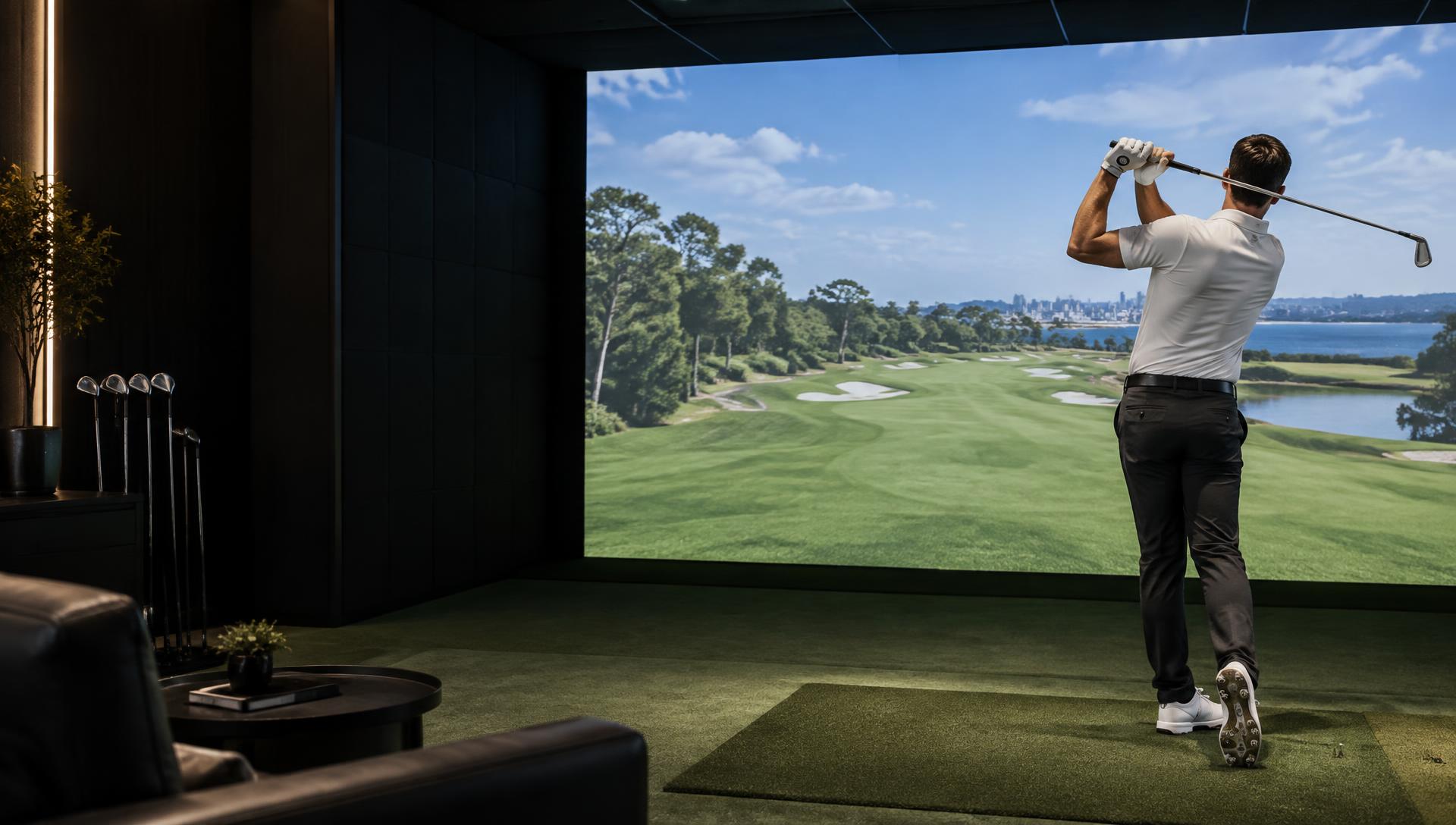 Indoor golf simulator concept with a golfer playing a projected course